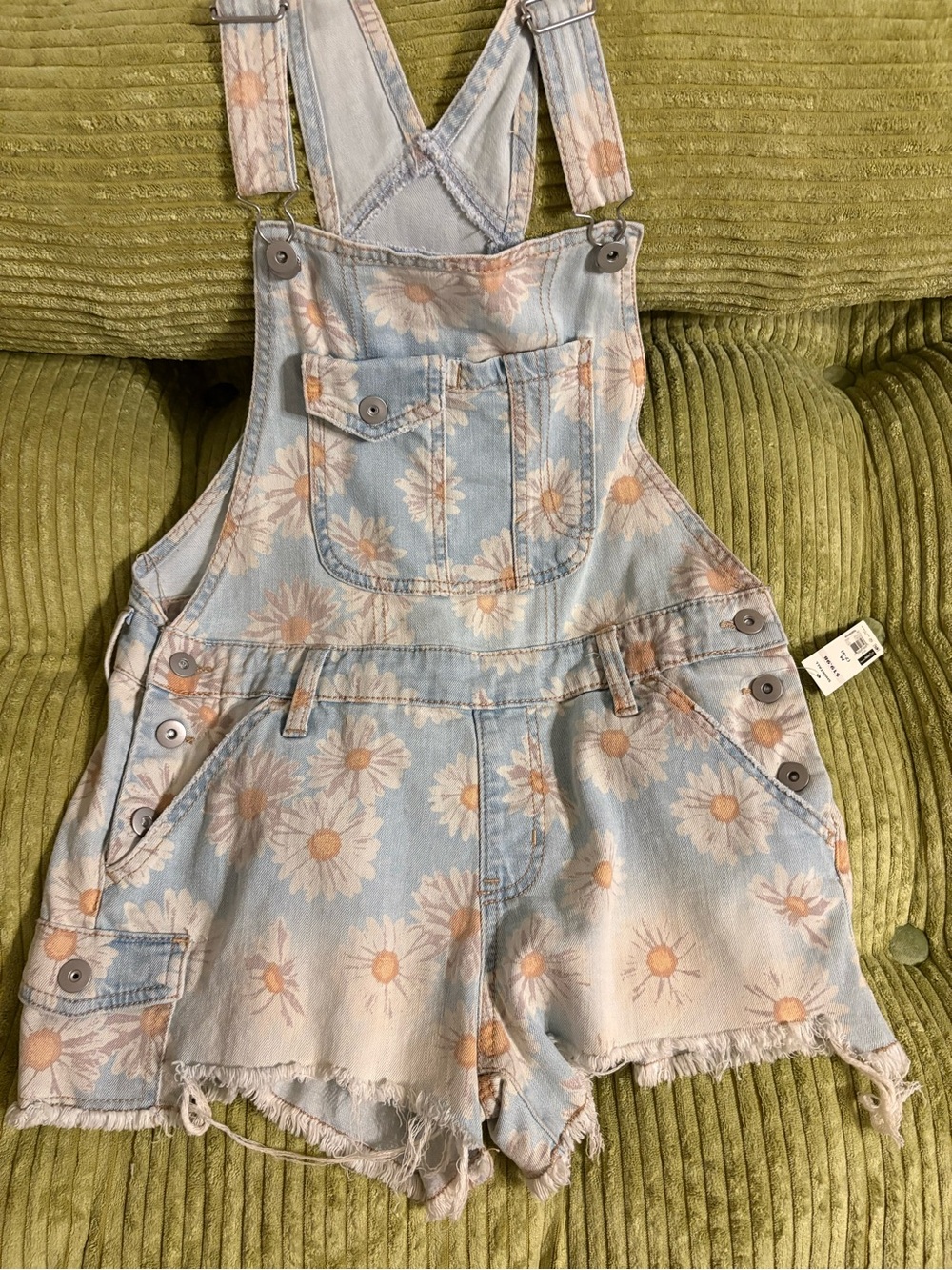 No Boundaries Light Blue Daisy Print Denim Short Overalls